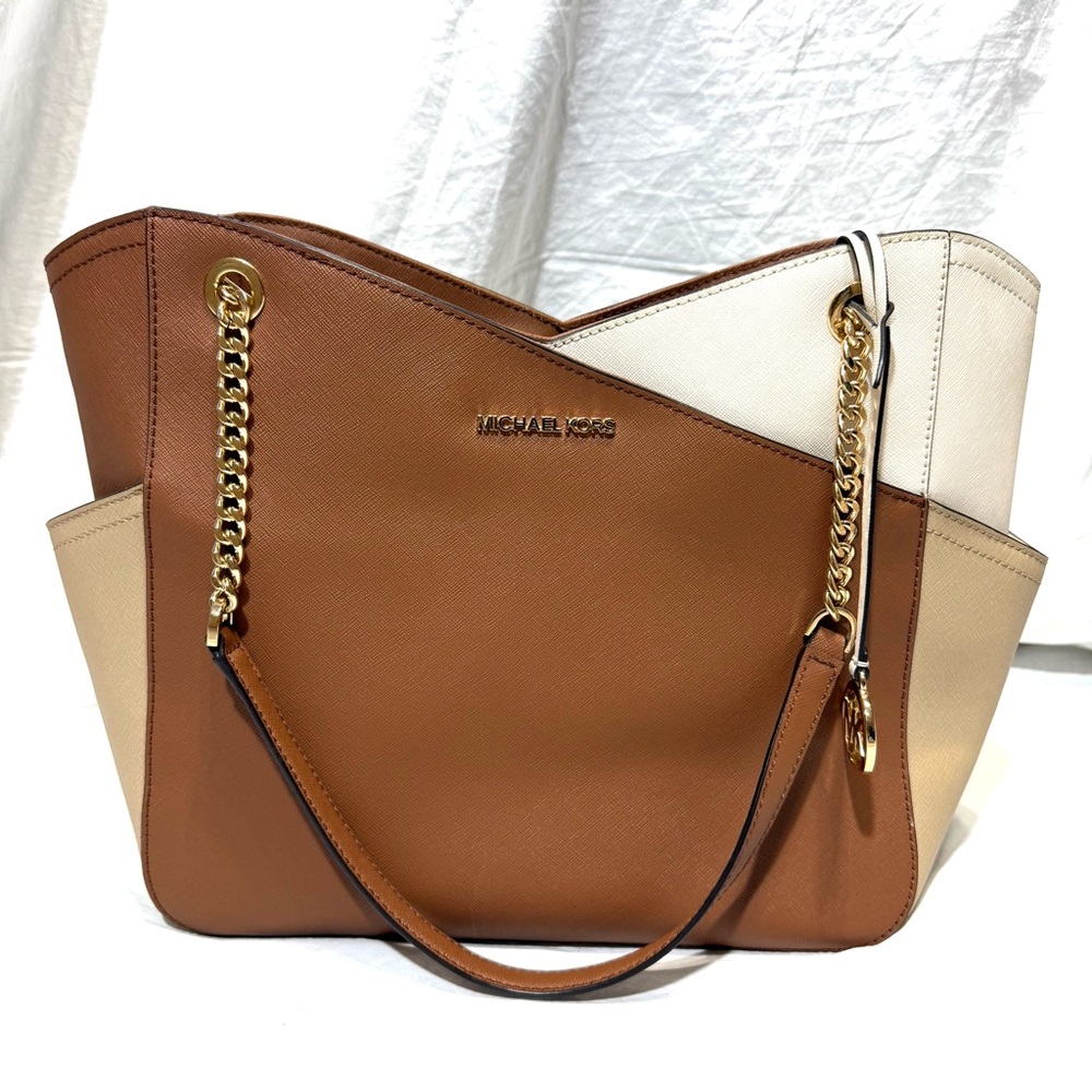 Michael Kors Jet Set Saffiano Color Block Large Shoulder Bag Tote MK Signature